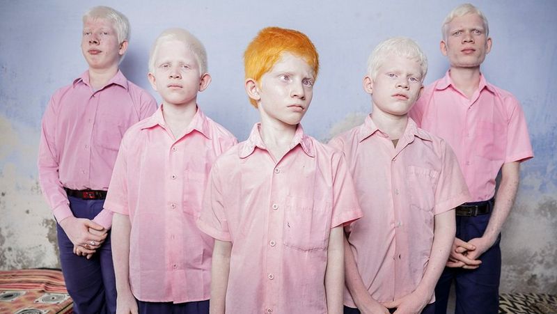 Five boys in pink shirts stand in a V-shaped formation in a blue room. Four of them have very pale skin with blonde hair, one has pale skin with red hair. All have pale eyes.