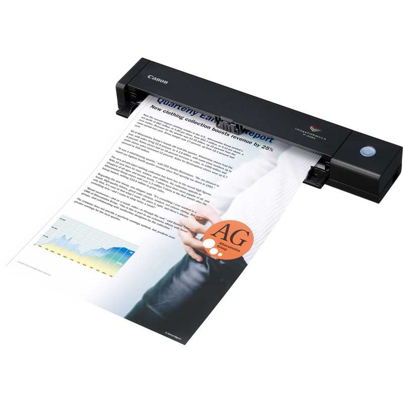 Canon imageFORMULA P-208II mobiler Dokumentenscanner Produkt Vorderansicht von links mit Papier