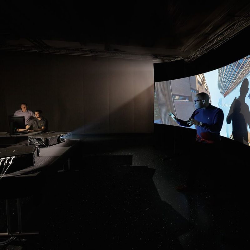 Connectivity wide view man projector presentation