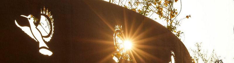 A dark wall at Expo 2020 Dubai, against a sky and trees. The wall has cut outs in the shape of birds. The sun shines through the central cut out.