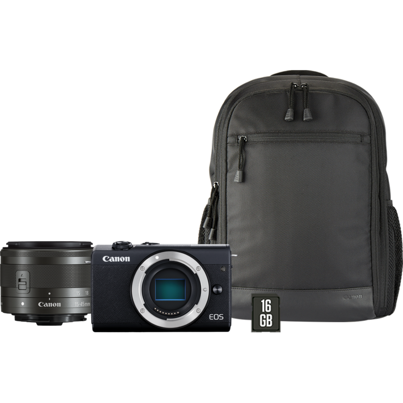 Canon EOS M200 + EF-M 15-45mm Objektiv + Rucksack + SD-Karte Produkt Vorderansicht des Kit-Inhalts