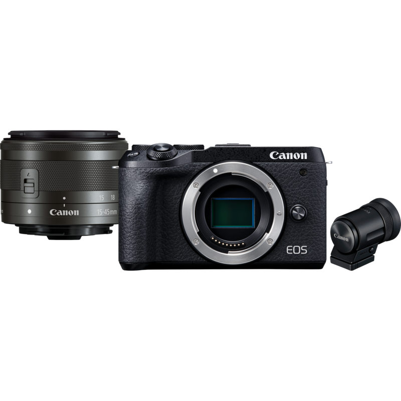 Canon EOS M6 Mark II + EF-M 15-45mm IS STM Objektiv + Elektronischer Sucher Produkt Vorderansicht des Kit-Inhalts