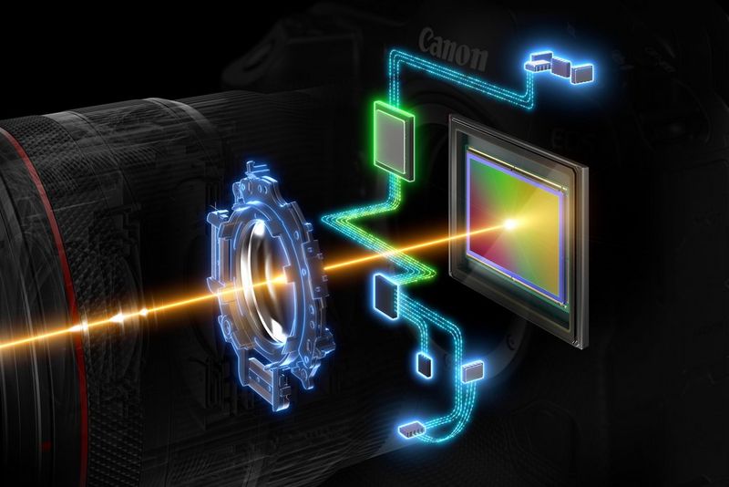 Cross-section showing the autofocus system inside a Canon EOS R3 camera and RF lens.