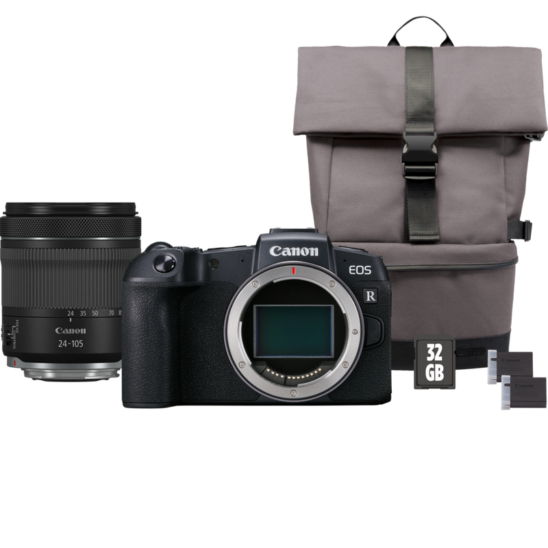 Canon EOS RP Gehäuse + RF 24-105mm IS STM Objektiv + Rucksack + SD-Karte + Ersatzakku Produkt Vorderansicht des Kit-Inhalts