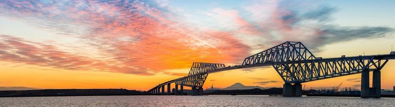 A panorama of the Tokyo Gate Bridge under a beautiful orange sunset
