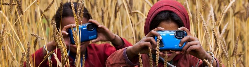 Two children standing in a cornfield with blue Canon cameras held up to take a photo.