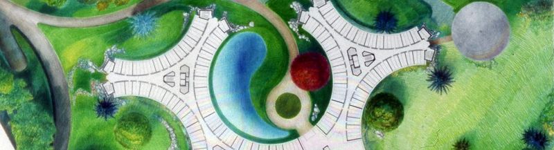 An illustration from an aerial perspective, showing a black and white line drawing of several buildings, designed around a central circle, where there appears to be a lake and a road that culminates in a turning circle, around some greenery. It is set in green surroundings, with illustrated trees and foliage.