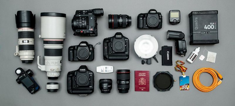 A selection of Canon cameras, lenses and accessories.