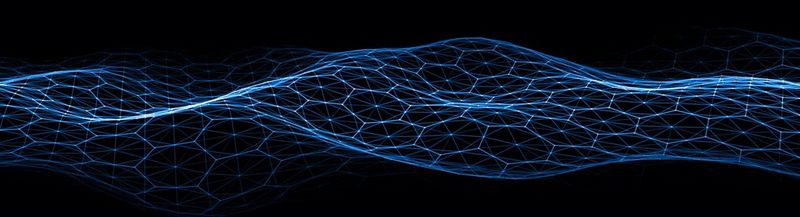 Geometric digital landscape with particles dots and stars on black background.