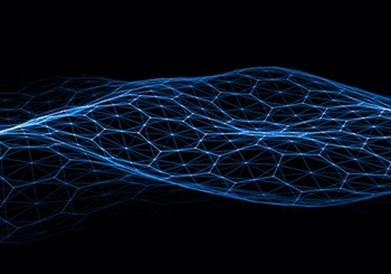 Geometric digital landscape with particles dots and stars on black background.