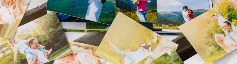 Scattered photos of happy family scenes, taken outdoors in summer.