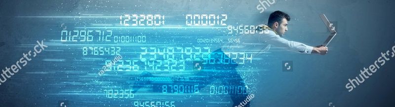 A man holding a laptop, runs at speed. Numbers and binary code fly behind him.