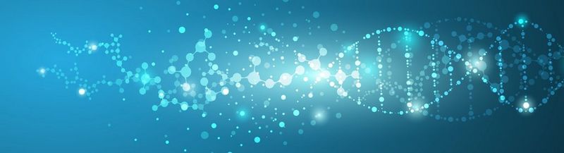 An abstract design with a gradient blue background that gets darker as it spans from left to right, representing fluorescence molecules and DNA. The molecules are sparkling white and eventually flow from left to right to form strands of DNA.
