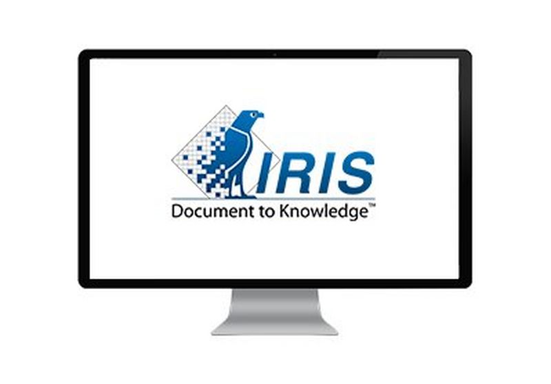 Computer screen with white background and ‘eCopy ShareScan’ copy in blue with hexagonal blue button graphic.