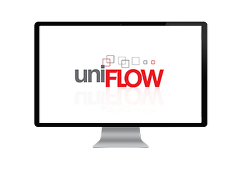 Computer screen showing the uniFLOW brand logo in grey and red letters. 