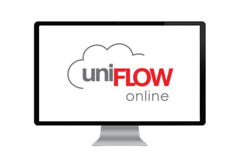 Computer screen showing the uniFLOW Online brand logo in grey and red letters, with a cloud outline.