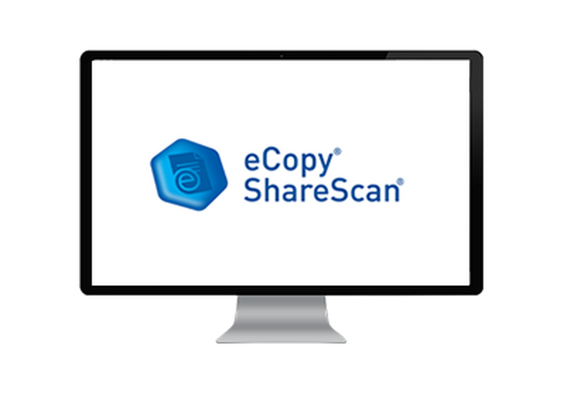 Computer screen showing the eCopy ShareScan logo in blue text and a hexangonal blue button. 