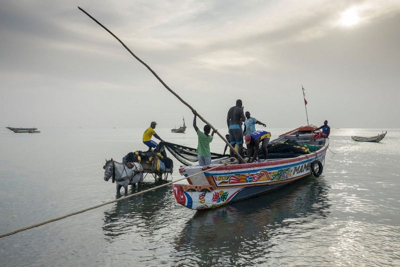 A boat unloading on the beach at Fadiouth, Senegal.