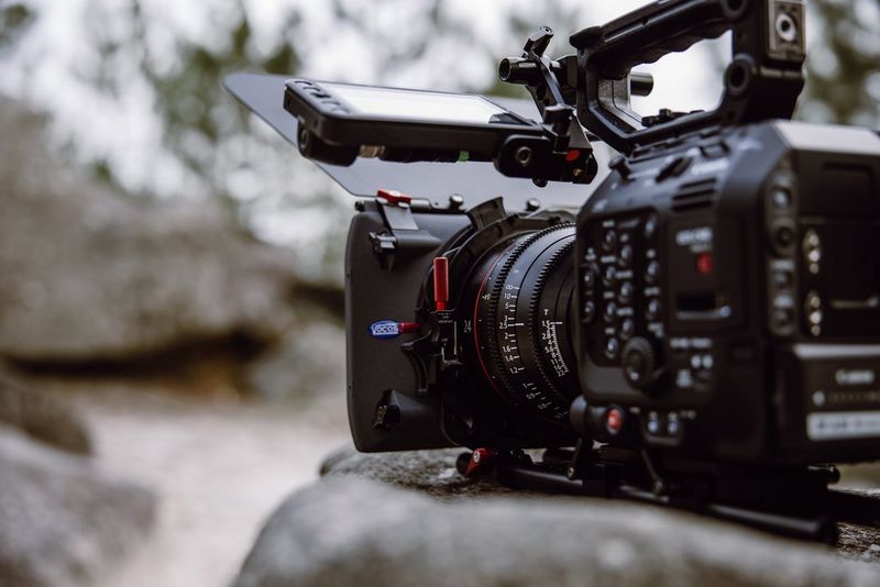 A Canon EOS C500 Mark II on a rock. 