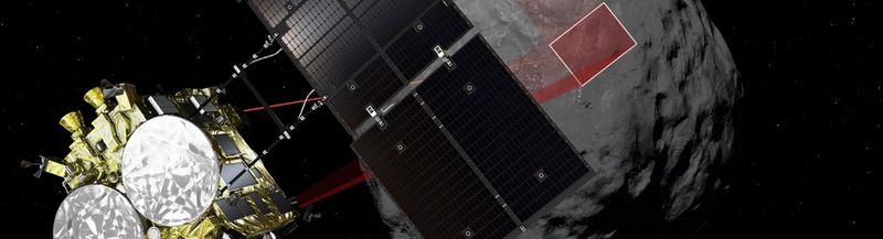 Image of the spacecraft Hayabusa2 approaching the asteroid Ryugu (Image reproduced with kind permission of JAXA)