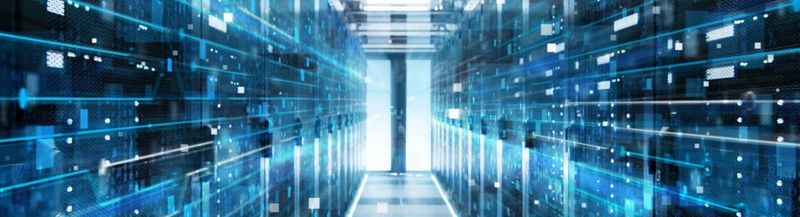 Representation of data – a blue, brightly lit and futuristic server room