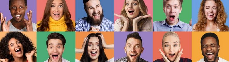 The heads and shoulders of twelve happy young people on colourful backgrounds