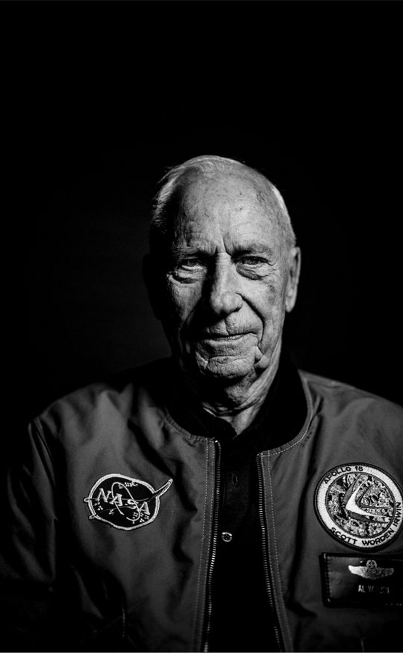 A black and white shot of Apollo 15 Command Module Pilot, Al Worden.