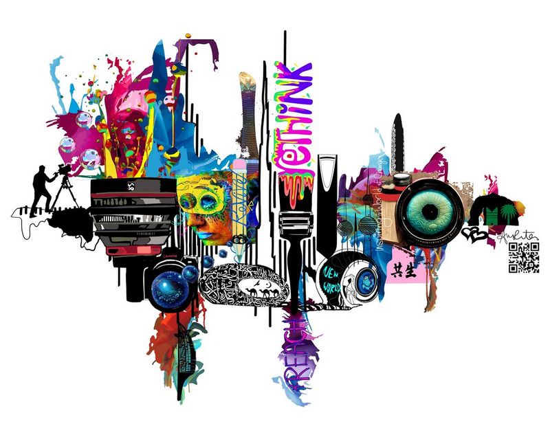 A brightly coloured illustration on a white background. Among the stylistic elements are drawings of Canon lenses, a paintbrush, Japanese lettering, a black image of a person operating a film camera, the words ‘reach’ and ‘rethink’ depictions of buildings, hearts and paint splashes. On the right is a QR code.
