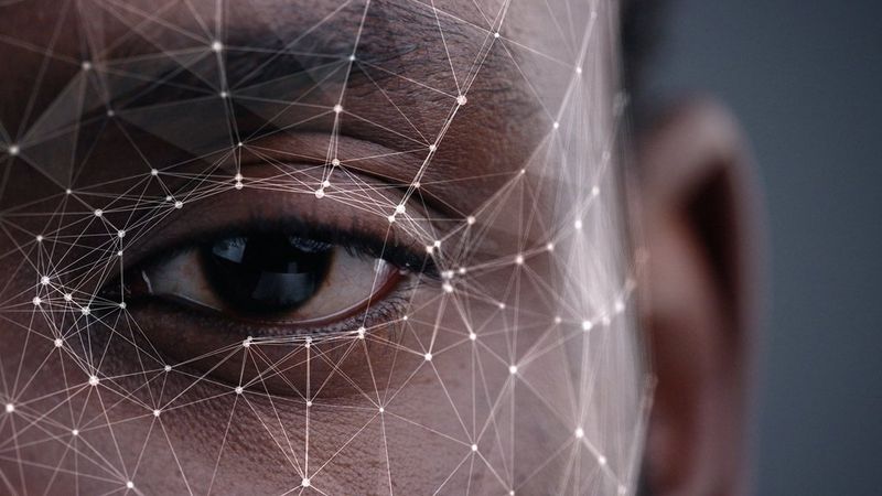 A close up of a face, showing only the left eye and part of an ear. Overlaid on the face and skin is a mesh of thin white lines connected with tiny dots to make a map of the face.