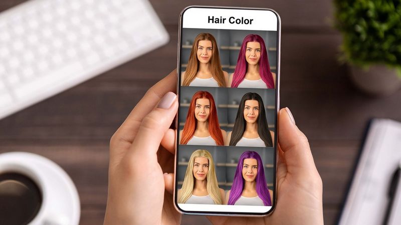 A pair of hands holds a smartphone. On the screen is the same image of a woman six time, each photo with different hair colour.