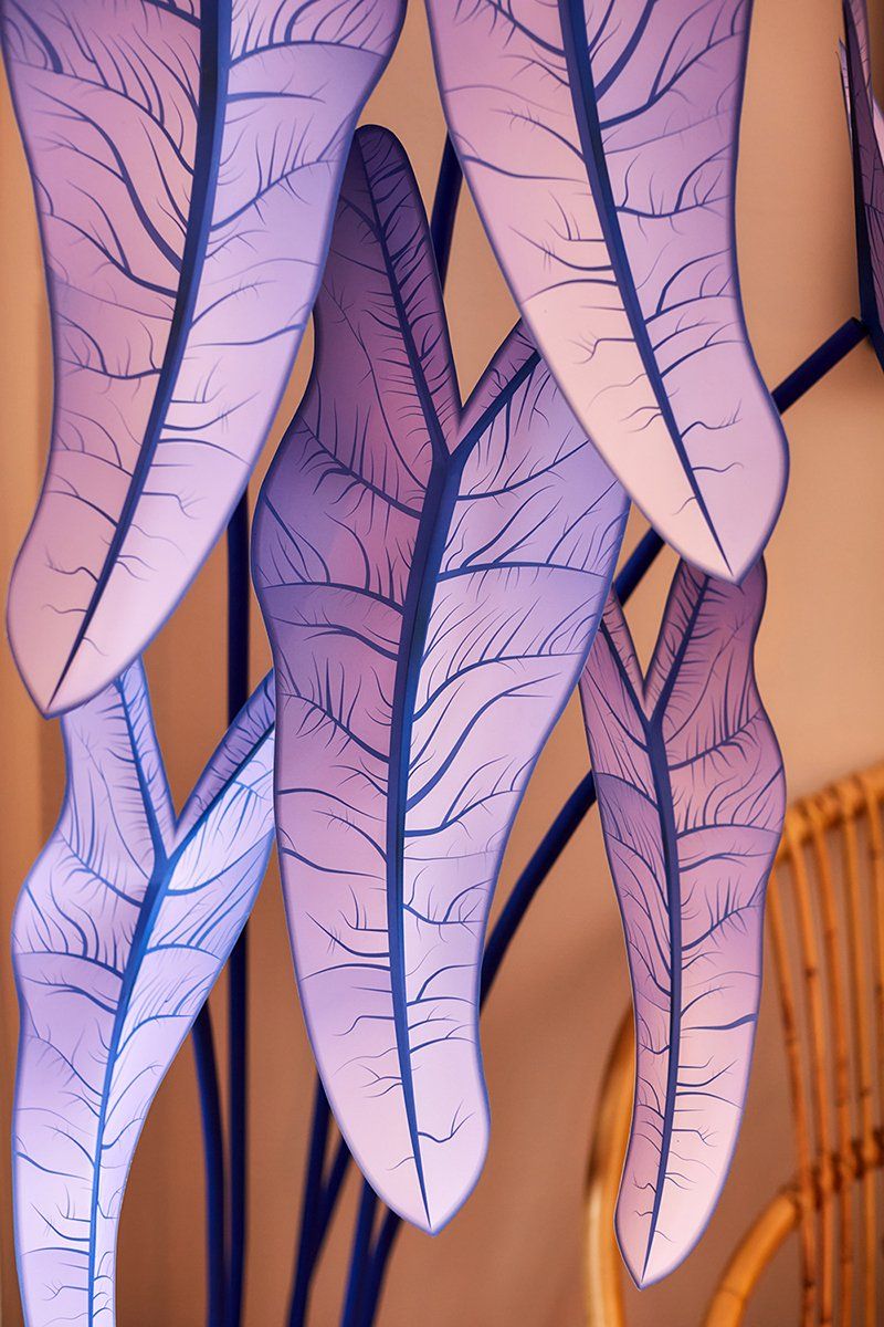 Close up detail of the leaves of Caroline’s purple and blue plant sculptures.