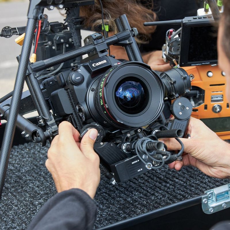 The Canon EOS C500 Mark II being attached to a drone.
