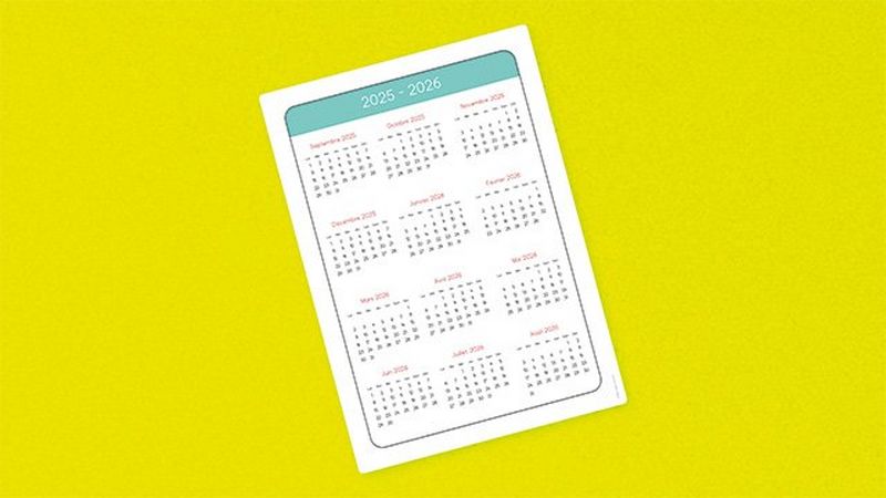 Calendrier annuel septembre 2025 à août 2026