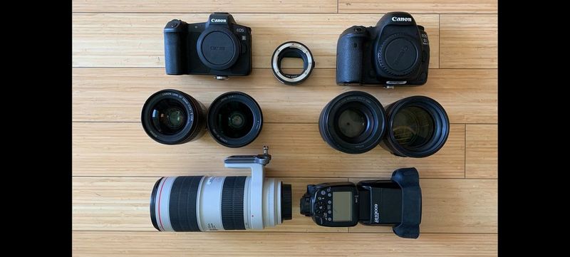 Canon Ambassador Tasneem Alsultan's kitbag containing Canon cameras and lenses.