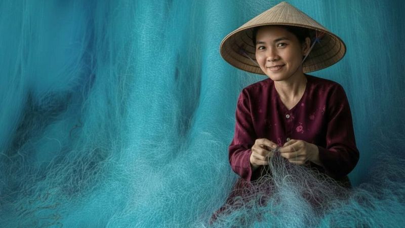 A woman wearing deep burgundy coloured clothing and a traditional Vietnamese conical hat sits working on a net, with blue netting filling the background. Retouched travel photo by Bernard Vaquer.