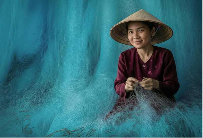 A woman wearing deep burgundy coloured clothing and a traditional Vietnamese conical hat sits working on a net, with blue netting filling the background. Retouched travel photo by Bernard Vaquer.