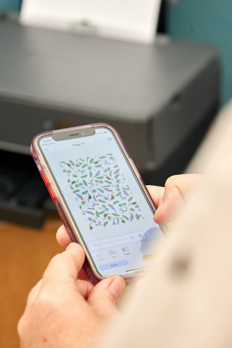 Twee handen houden een smartphone vast, met daarop de sjabloon met het patroonpapier met tropische vogels uit Creative Park.