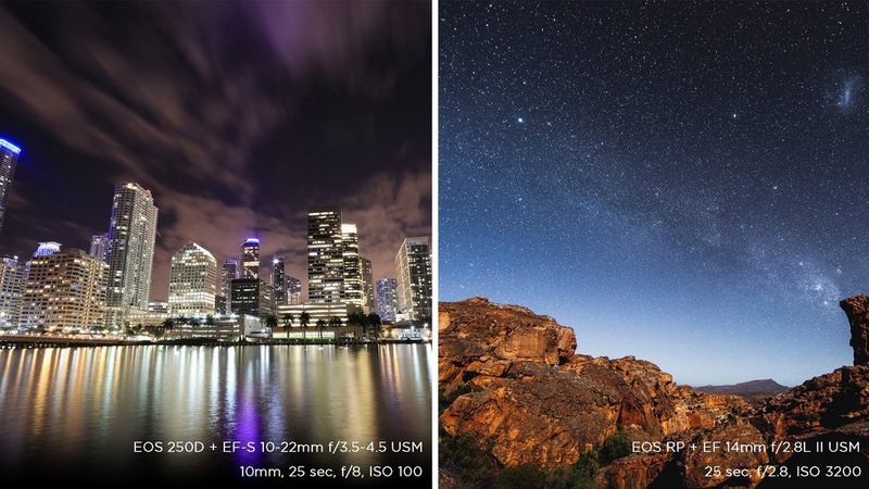 A composite picture: the multi-coloured lights of a city at night reflect in water in one shot; and a view of the night sky filled with stars in the other.