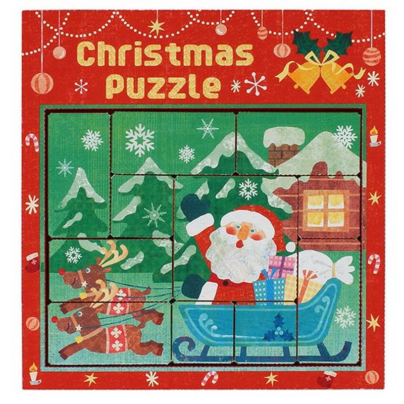 A homemade block puzzle depicting Santa on his sleigh being drawn by two reindeer in a winter scene.