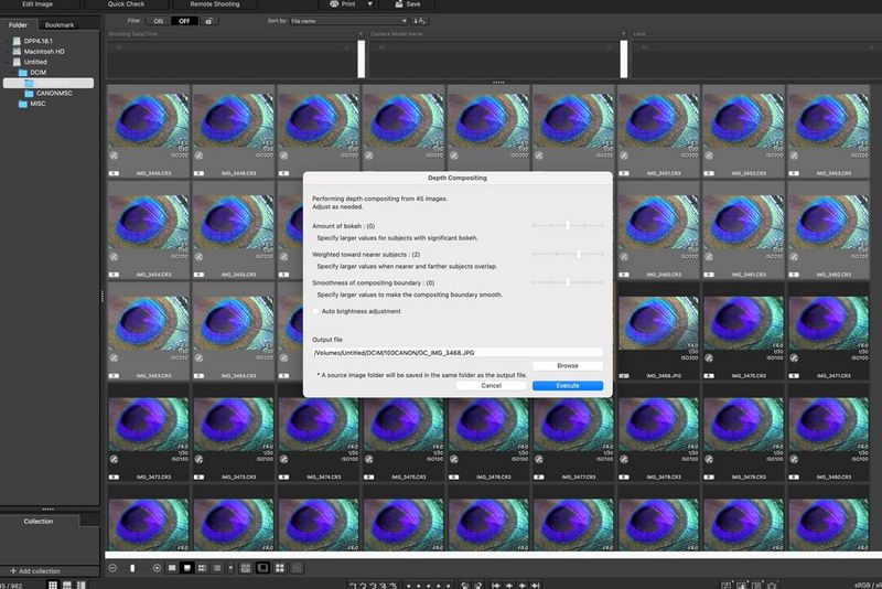 Et skærmbillede fra Digital Photo Professional (DPP), der viser menuen for dybdekomposition.