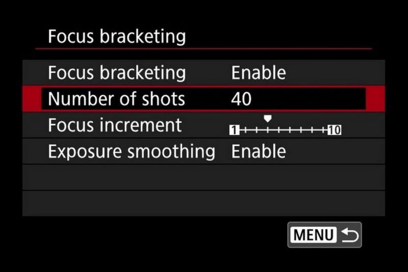 צילום מסך המציג את תפריט תיחום המיקוד במצלמת Canon כאשר התכונה Focus bracketing (תיחום מיקוד) מופעלת.