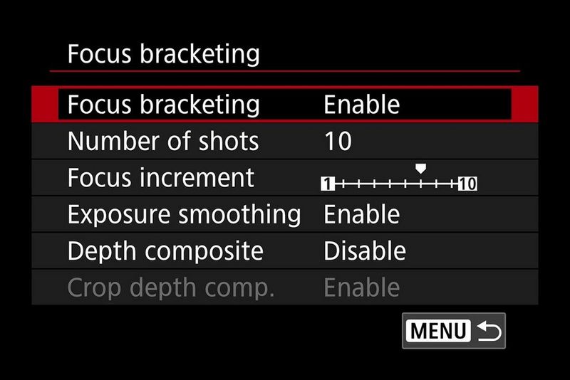 צילום מסך המציג את תפריט תיחום המיקוד במצלמת Canon כאשר התכונה Focus bracketing (תיחום מיקוד) מופעלת.