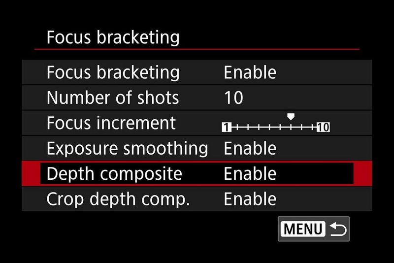 צילום מסך המציג את תפריט תיחום המיקוד במצלמת Canon כאשר התכונה Depth composite (שילוב עומקים) מופעלת.