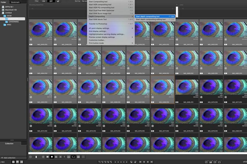 Et skærmbillede fra Digital Photo Professional (DPP), der viser værktøjet til dybdekomposition (Depth compositing), der vælges fra menulinjen.
