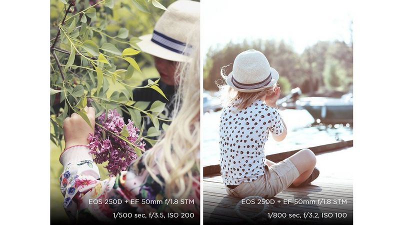 A composite shows two children looking at a flower, and a boy sitting on a dock, photographed by Hannah Clark on a Canon EOS 250D.