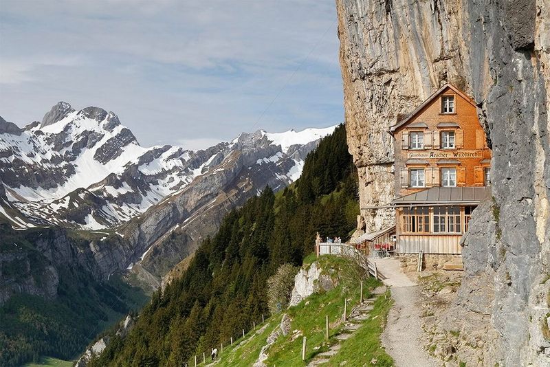 Wooden lodge built into the side of the mountains in the Appenzell region, Switzerland.