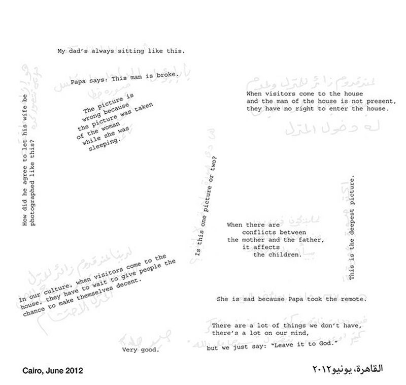 English typed words sit on top of the Egyptian Arabic words that were written in Bieke's book, As It May Be. The comments include "My dad's always sitting like this," "Where there are conflicts between the mother and father, it affects the children," and "How did he agree to let his wife be photographed like this?"