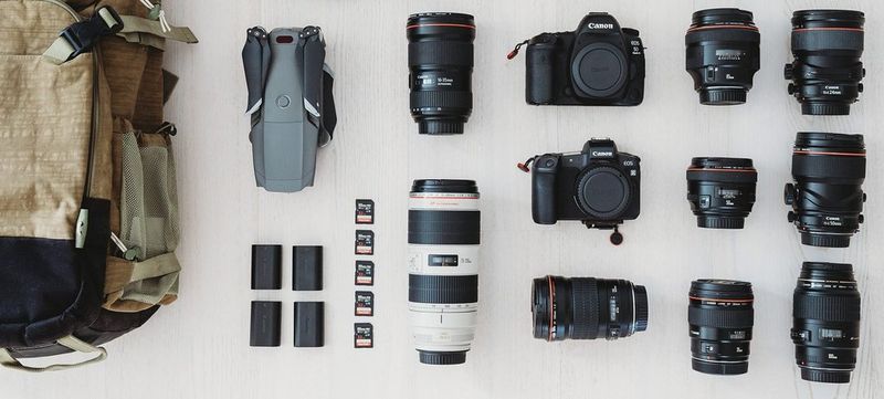 The contents of Markus Morawetz's wedding kitbag, including Canon EOS 5D Mark IV and EOS R bodies and a range of Canon lenses.