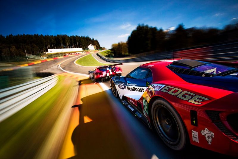 Two Ford GT cars racing around the Spa-Francorchamps circuit. Taken by Drew Gibson.