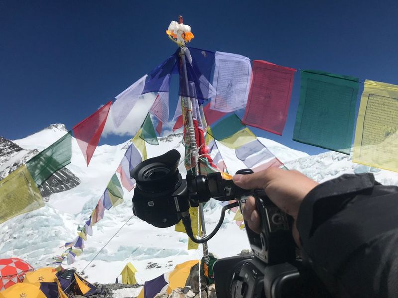 Colourful prayer flags at Mount Everest's South Base Camp in Nepal. 
